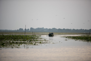 Scenic view of quiet landscape with silhouette of a fisherman’s boat in Danube Delta area, Romania, at sunset time