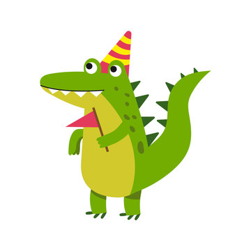 Cute cartoon crocodile character wearing party hat standing and holding pennant vector Illustration