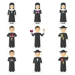 Naklejka premium Set Catholic priest and nun. Pastor reads prayer, holds cross, bible and gospel, bless parishioners. Flat vector cartoon illustration. Objects isolated on a white background.
