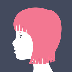 Young woman with pink hair head profile, silhouette icon.