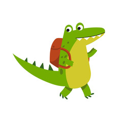 Cute cartoon crocodile character walking with backpack vector Illustration