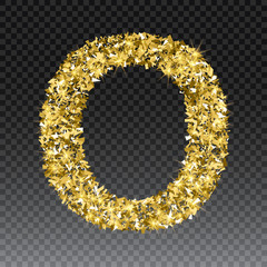 Obraz premium Gold glittering letter O. Vector shining golden font lettering of sparkles on checkered background