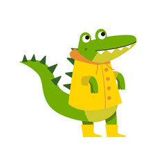 Cute cartoon crocodile character walking wearing yellow raincoat and rubber boots vector Illustration