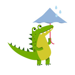 Obraz premium Funny cartoon crocodile character walking with umbrella vector Illustration