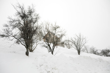 Fototapeta na wymiar Idyllic winter landscape with mountains, sunny day; Bran, Romania