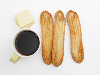 Japanese crispy ell pie, biscuit and a cup of coffee in top view