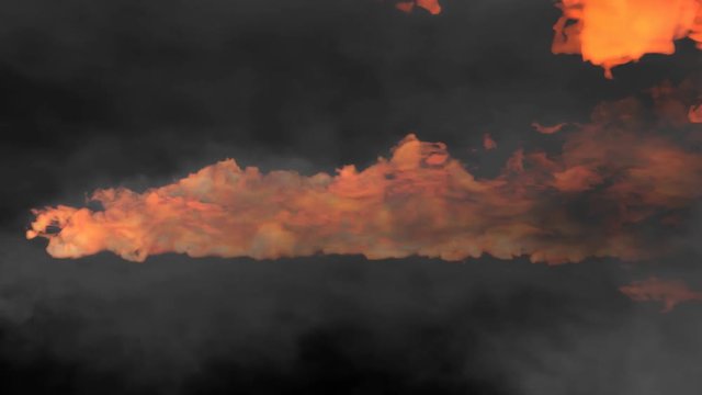 Animated realistic fire-breathing dragon's flames in 4k. Stream of fire spread across whole screen's width and stick to invisible surface (base) for a short time. Mask included.