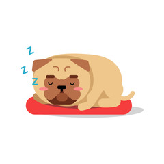 Cute cartoon pug dog character sleeping on red mat vector Illustration