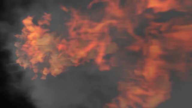Animated burst of realistic fire against black background. Top view. Mask included.