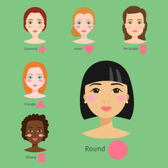 Set of different woman face types vector illustration character shapes girl makeup beautiful female