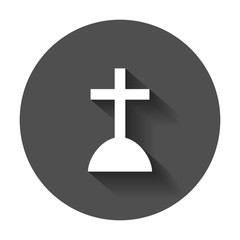 Halloween grave icon. Gravestone vector illustration. Rip tombstone flat icon with long shadow.