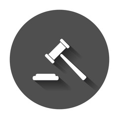 Auction hammer vector icon. Court tribunal flat icon with long shadow.