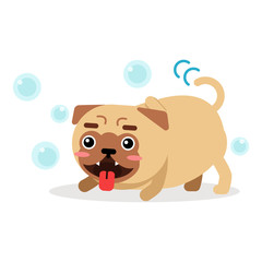 Funny pug dog character playing with soap bubbles vector Illustration