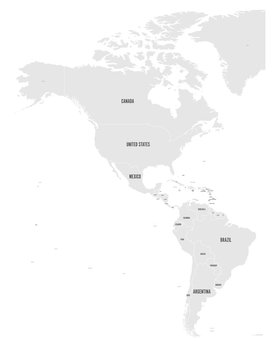 Political map of Americas in grey on white background. North and South America with country labels. Simple flat vector illustration.