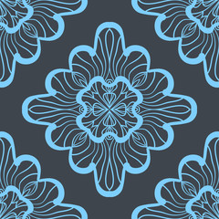 Seamless geometric pattern with bright blue ornamental squares. Vector artwork