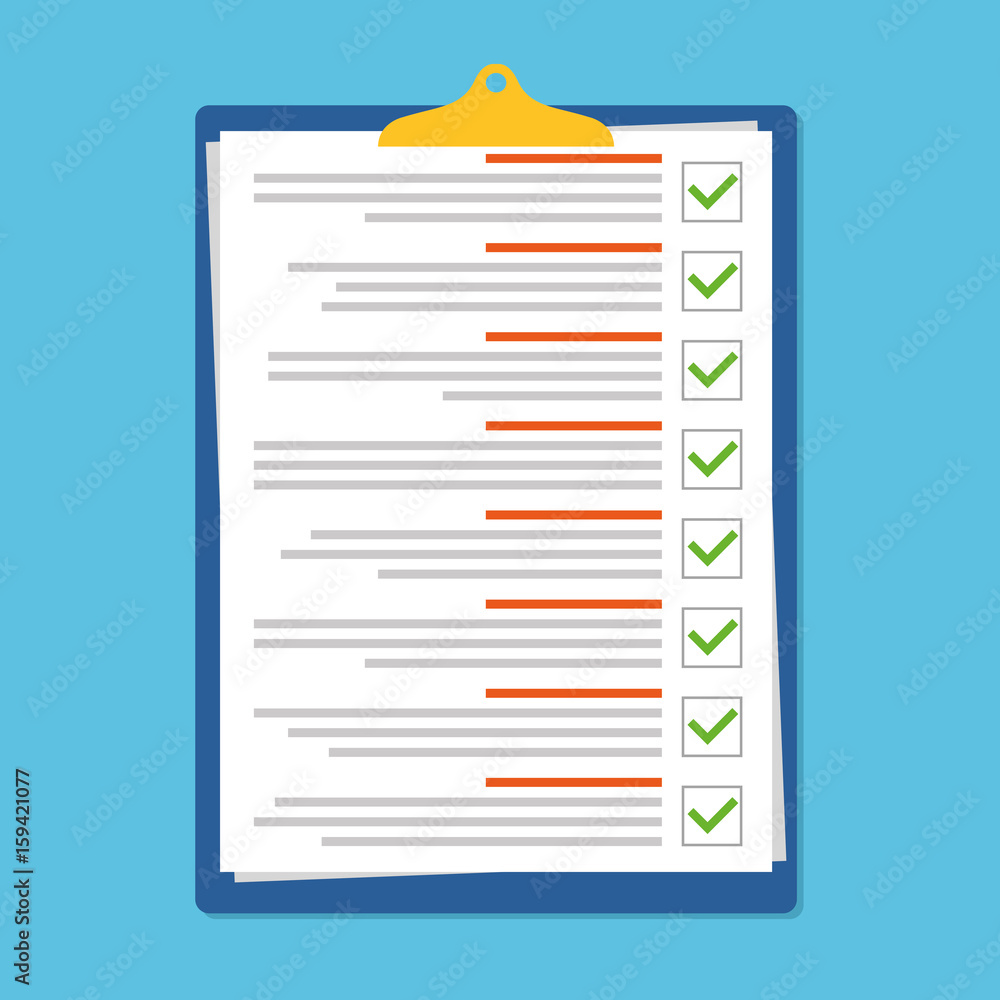Poster Clipboard and check marks. Flat style. Stock vector