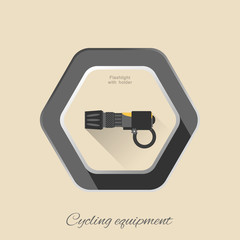 Vector isolated hexagon icon of flat flashlight with holder and long shadow on the light brown background.