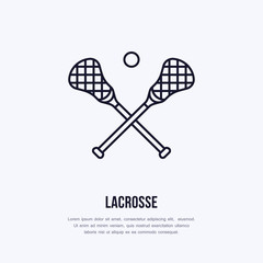 Lacrosse vector line icon. Ball and sticks logo, equipment sign. Sport competition illustration.