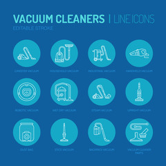 Vacuum cleaners flat line icons. Different vacuums types - industrial, household, handheld, robotic, canister, wet dry. Thin linear signs for housework equipment shop.