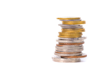 Columns of coins, piles of coins on white background