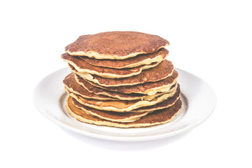 A stack of plain pancakes on a white plate background. isolated