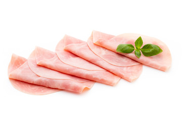 Thin slices of ham on white background.