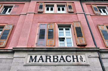 Railway station old  building with the name of the city of Marbach. Baden-Wurttemberg, Germany