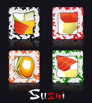 Japanese Food on Black Background and Stylized Inscription Sushi