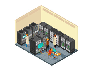 Computer hardware in network server room with staff. Isometric security center vector illustration