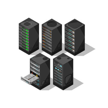 Hardware isometric equipment. 3d telecommunication server. Data center storage room objects. Computer database towers vector set