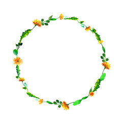 Wreath, circle frame with the watercolor flowers, dandelion fuzzies, hand drawn for wedding design, greeting card or invitation