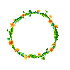 Wreath, circle frame with the watercolor flowers, dandelion fuzzies, hand drawn for wedding design, greeting card or invitation