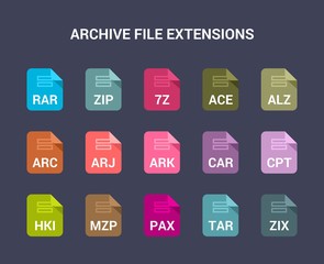 Archive file extensions. Flat colored vector icons