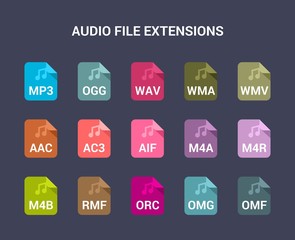 Audio file extensions. Flat colored vector icons - obrazy, fototapety, plakaty