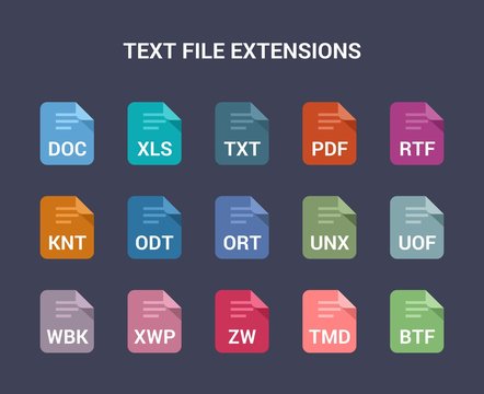 Text file extensions. Flat colored vector icons