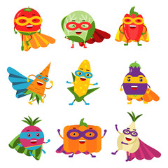Superheroes vegetables in different costumes set of colorful vector Illustrations