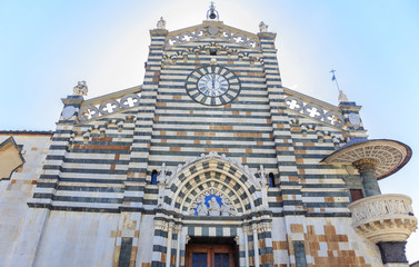 Facade of Prato Cathedral, Tuscany, Italy - dedicated to Saint Stephen, first Christian martyr. It...