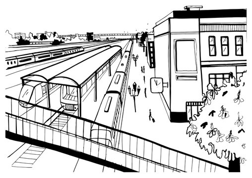 Monochrome sketch top view of railway station, platforms with passengers. Hand drawn vector illustration.