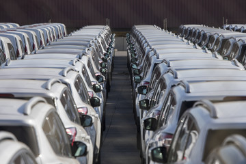 Obraz premium Cars lined up in the harbor