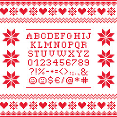 Cross stitch uppercase alphabet with numbers and symbols pattern, embroidery design 