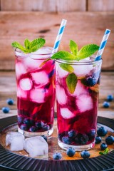 Blueberry ice detox water and mint in glasses