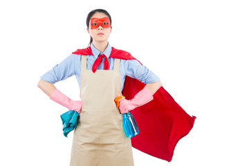 housewife holding rag and bottle detergent