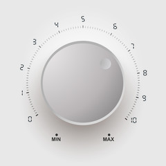 Volume button, sound control, music knob with metal texture and number scale isolated on background