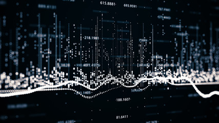 Abstract background with growing charts and flowing counters of numbers with symbols of percent and gain. Financial figures and diagrams showing increasing profits