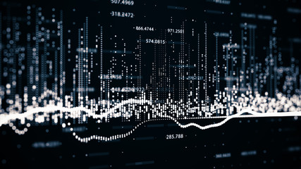Abstract background with growing charts and flowing counters of numbers with symbols of percent and gain. Financial figures and diagrams showing increasing profits