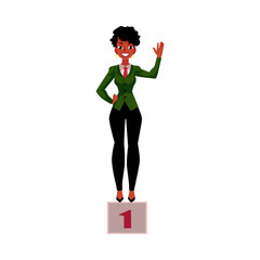 Black, African American businesswoman standind on pedestral, success, victory concept, cartoon vector illustration isolated on white background. Standing on pedestal as symbol of successful career