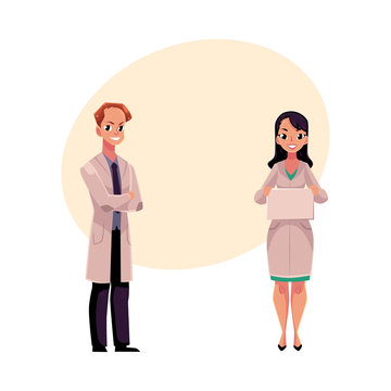 Male and female doctors in white medical coats, man with folded arms, woman holding blank sign, board, cartoon vector illustration with space for text. Full length portrait of two doctors