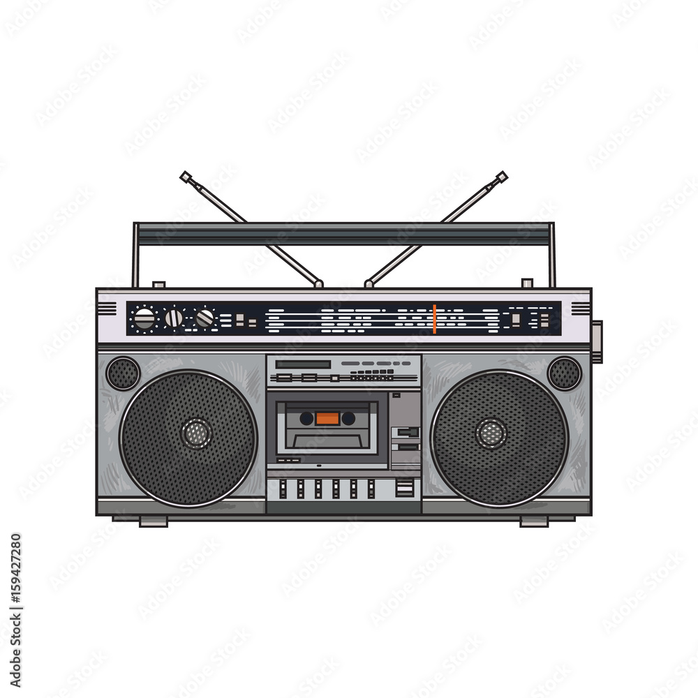 Wall mural old fashioned, retro style audio tape recorder, ghetto boom box from 90s, sketch vector illustration