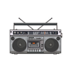 Old fashioned, retro style audio tape recorder, ghetto boom box from 90s, sketch vector illustration isolated on white background. Front view of hand drawn audio tape recorder, boom box