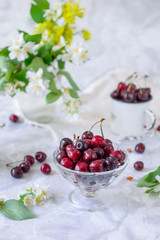 Fresh cherry fruit in glass vase, other dishes with berries and jar with jasmine and wildflowers on the light marble table. Soft selective focus. Summer country house concept